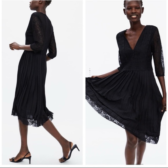 Zara Black Pleated Lace Midi Dress - Picture 3 of 8